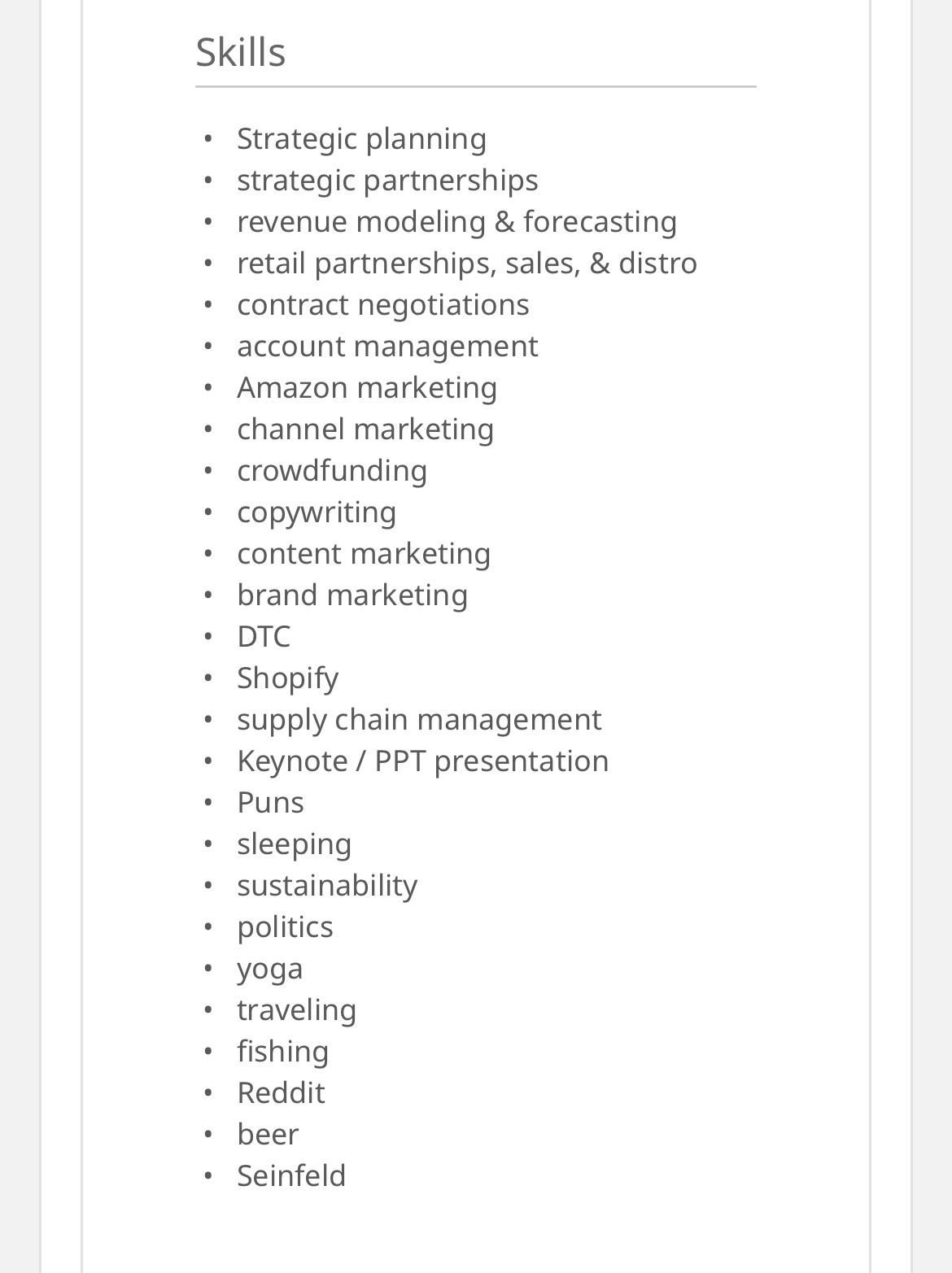 List of skills on a resume that was sent to me.