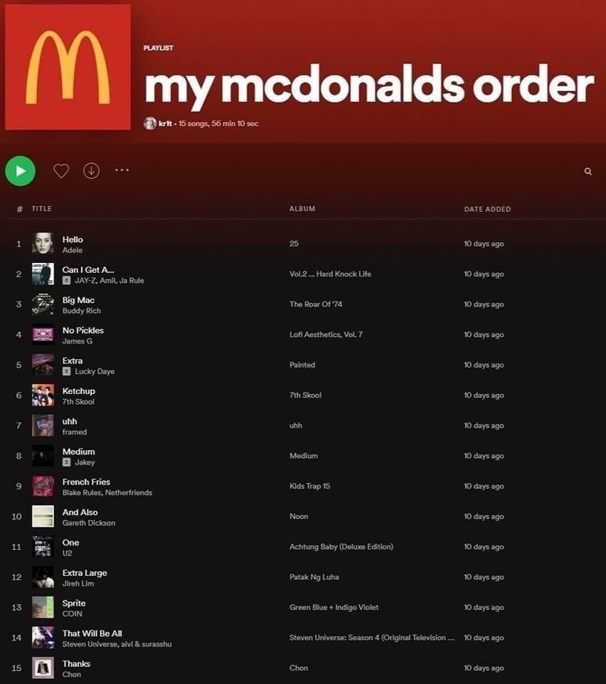 McDonalds Order playlist on spotify lol