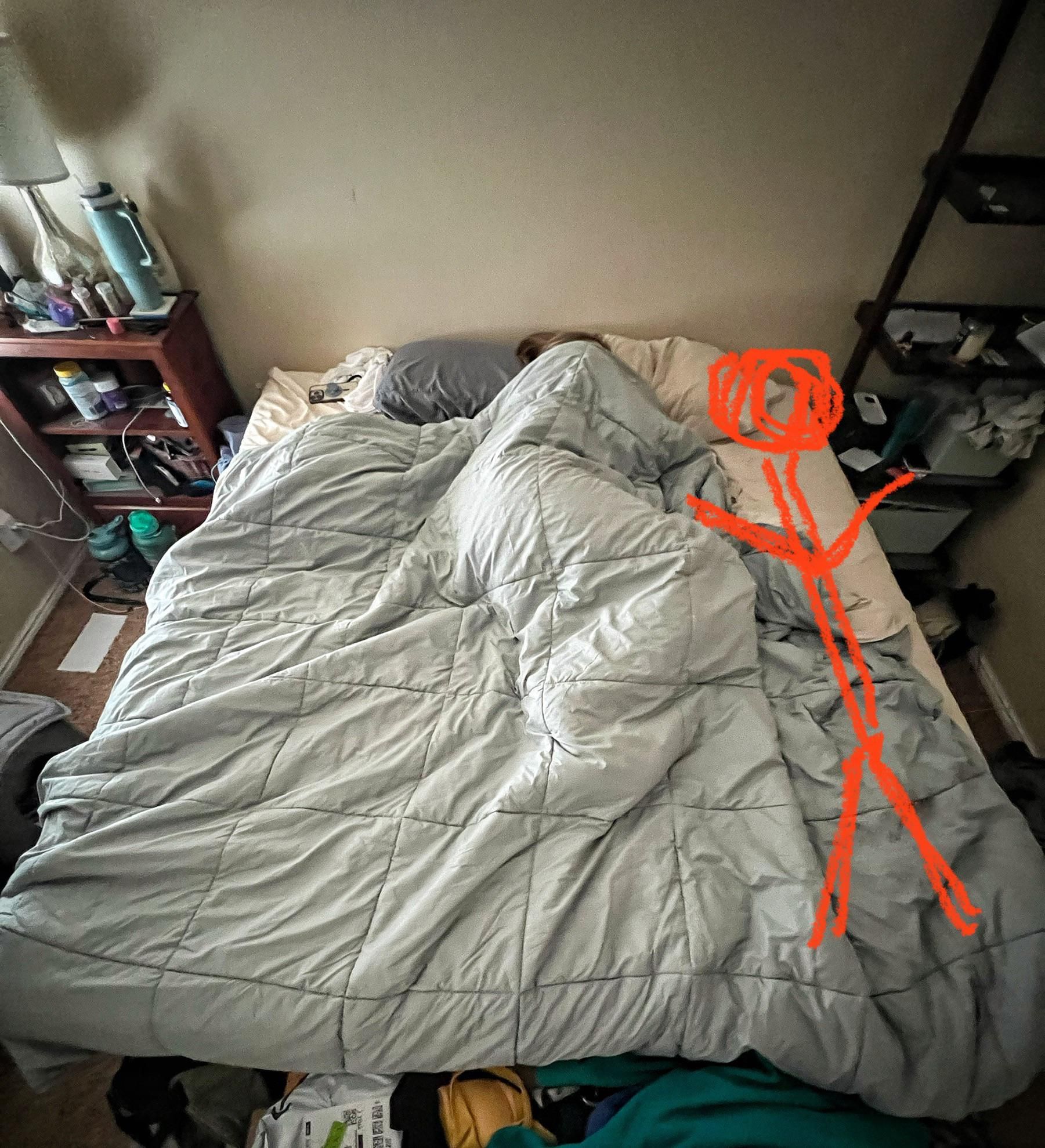 Artist rendering of how much space my wife leaves me in bed. Approx 5000 square inches of a possible 6080. Shes the Ghengis Khan of the king mattress