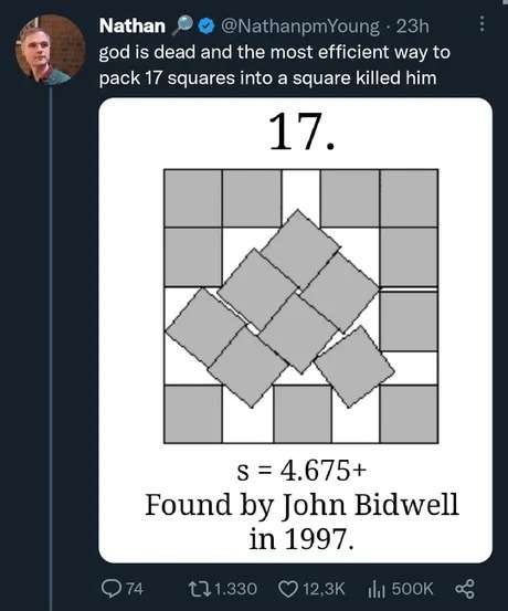 How to fit 17 1x1 squares in a 4.675x4.675 square.