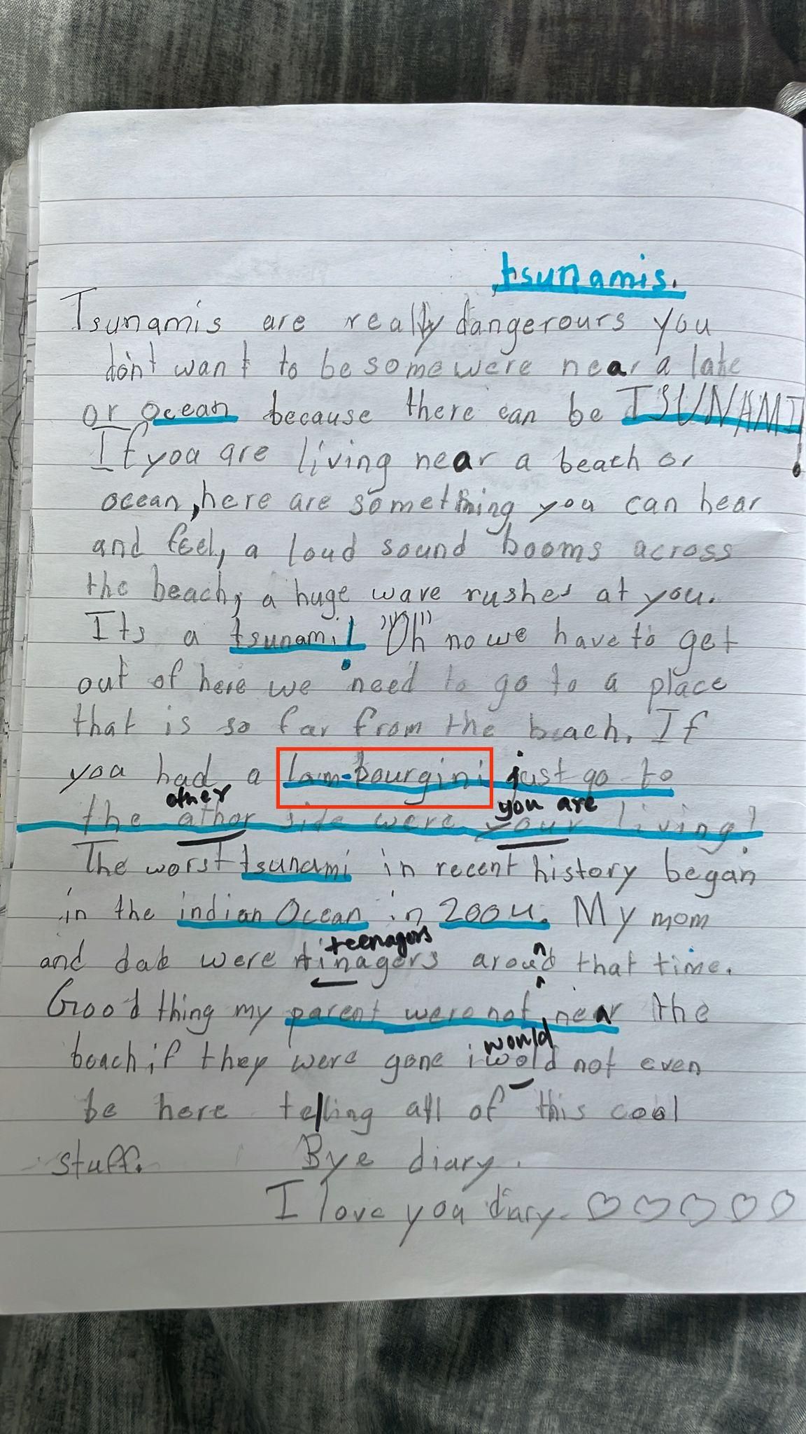 My daughter of 7 started to write diary. She has a costly escape plan if a tsunami happens