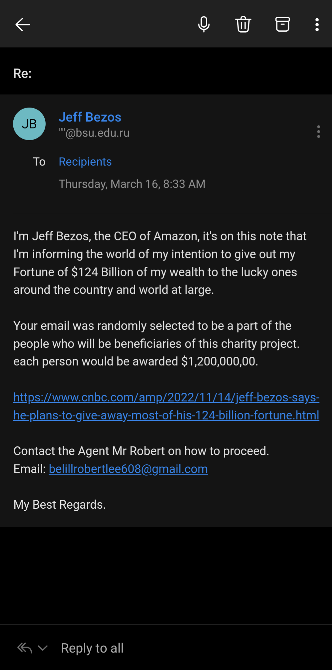 Just got an email from Mr.Bezos himself. Later losers I'm rich now.
