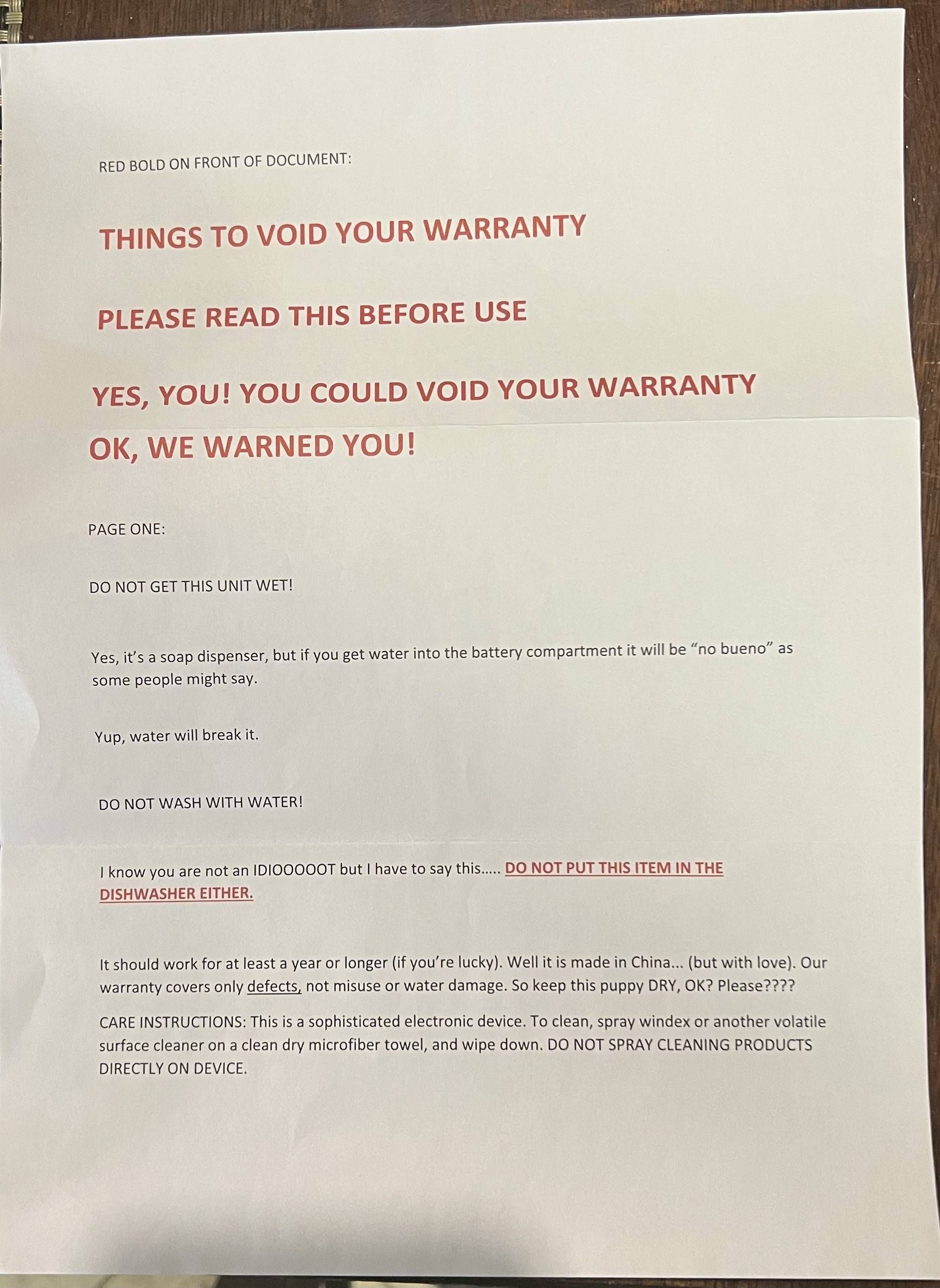 The warranty for my new soap dispenser.