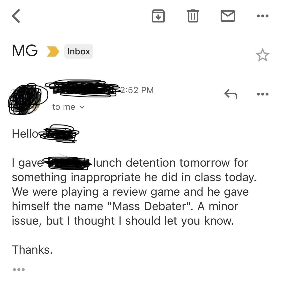An email from my 15 year old sons teacher that I received today.