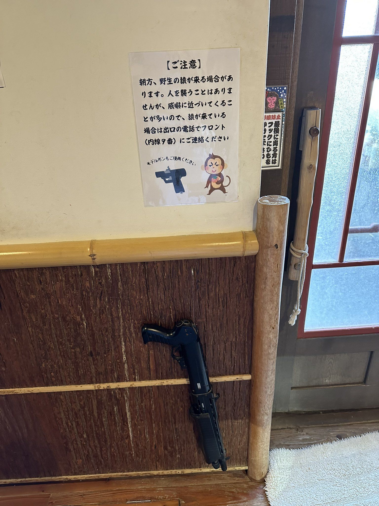 Fake gun to scare snow monkey in a Japanese onsen. This is only for women side. The men side dont have it