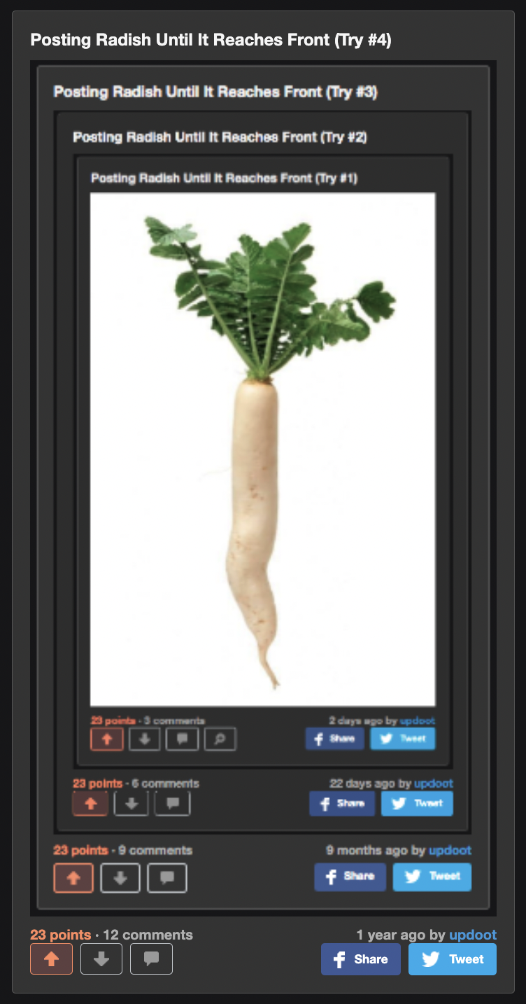 Posting Radish Until It Reaches Front (Try #5)
