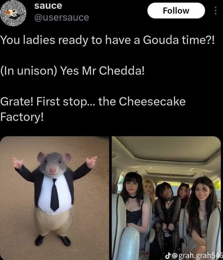 Mr chedda please get your pants on, your mozarela stick's showing