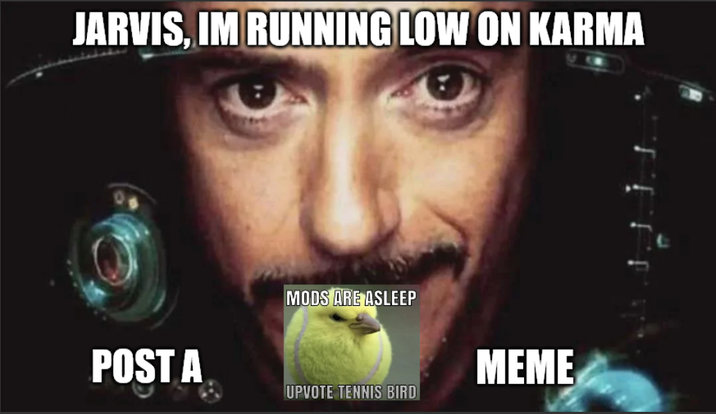 Jarvis, I'm running low on karma, post a "Jarvis, I'm running low on karma" meme