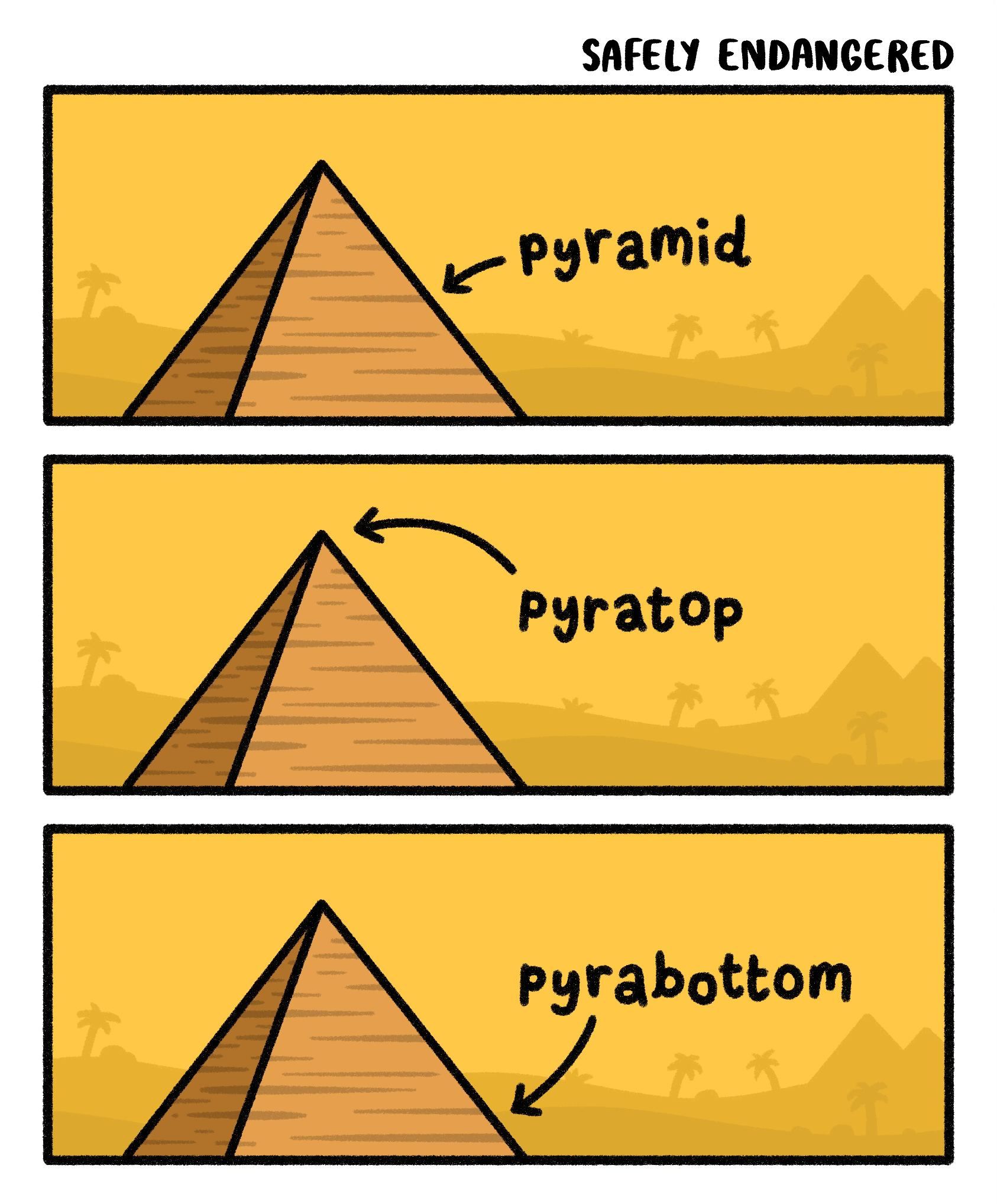You are pyra-mid, and belong on the pyra-bottom, while I am and belong on the pyra-top