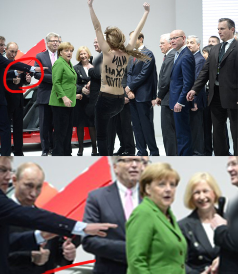 Funny Putin's reaction to a topless protester, (text on her back says "go f*ck yourself Putin")
