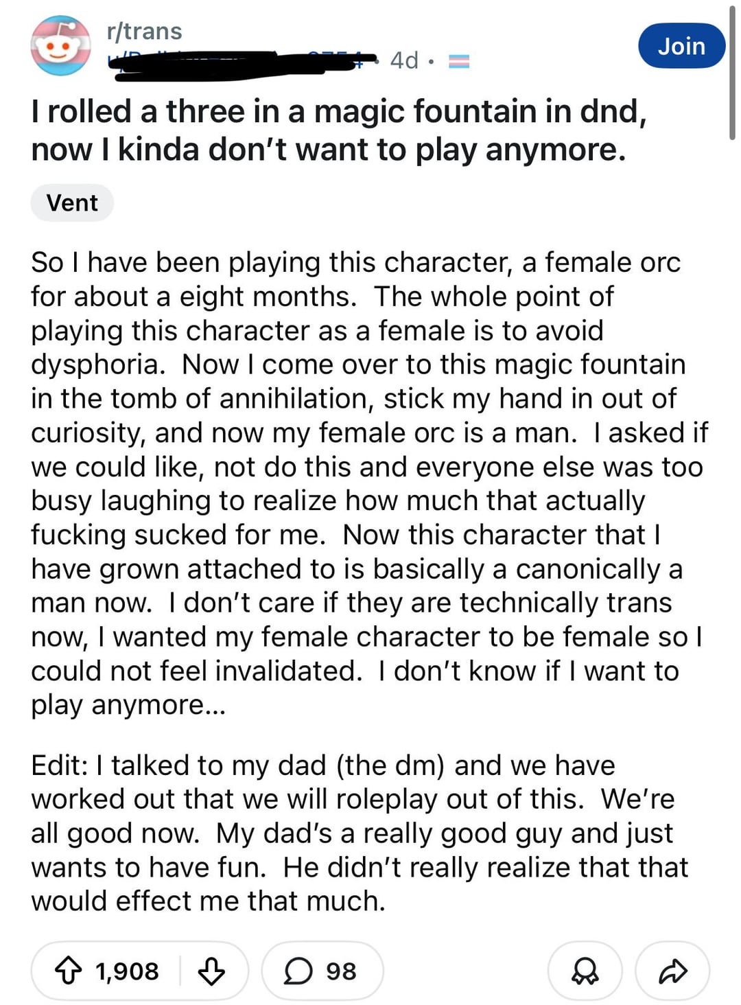 dad is trying to roleplay out of it